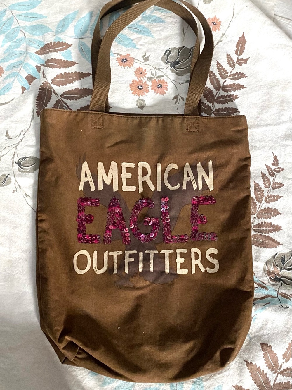 2010s American Eagle brown + pink sequins large tote bag🐻🎀